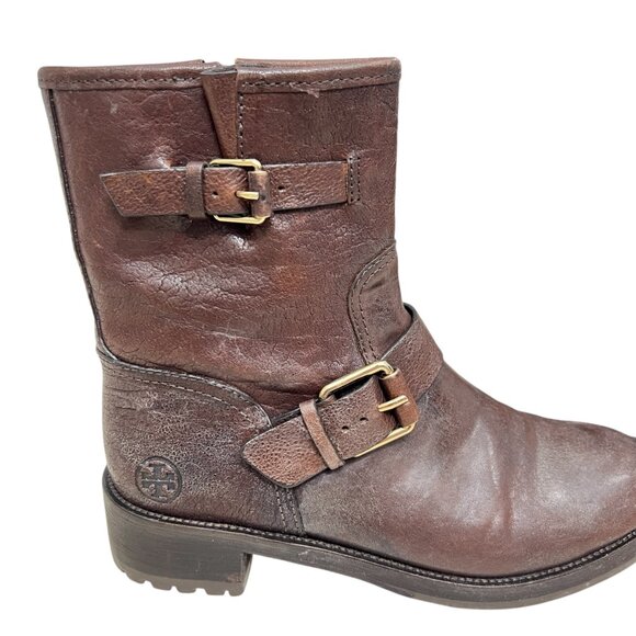 Tory Burch Chrystie Leather Moto Buckle Boots Dark Brown Women's size 7.5 - Picture 5 of 14